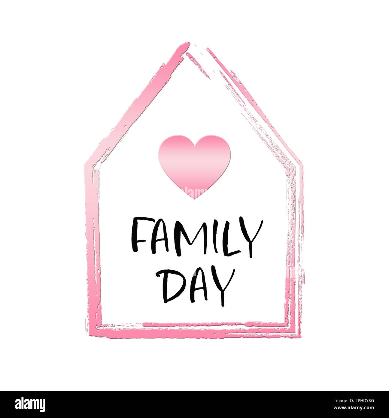 Alles Gute Zum Familientag. Abbildung eines Hauses mit Herz auf weißem Hintergrund Stockfoto