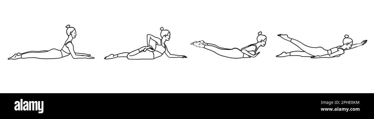 Flexible Yoga-Posen-Kollektion. Weiblich, weiblich, weiblich, weiblich. Meditation, Pilates, psychische Gesundheit, Trainingsraum. Vektordarstellung in Cartoon-Umriss Stock Vektor