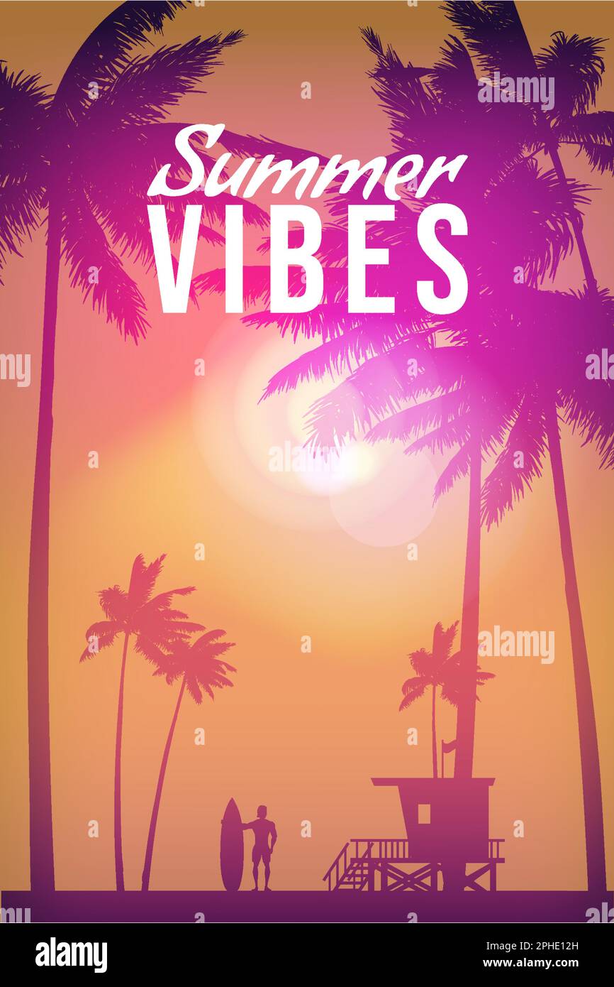 Summer Vibes Retro Poster, Surfer mit Surfbrett Stock Vektor
