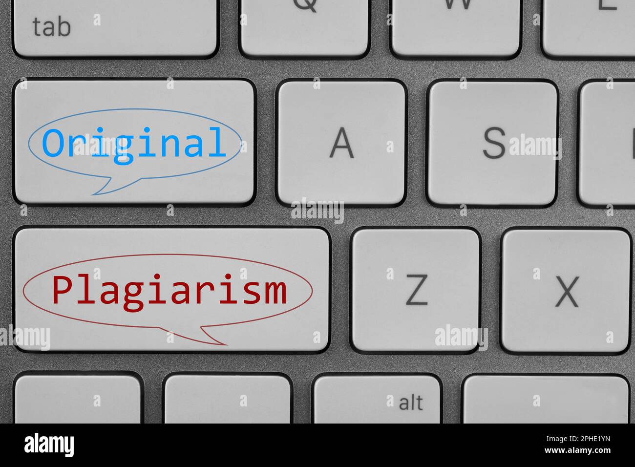 Schaltflächen mit den Wörtern Plagiarismus und Original auf der Tastatur, Draufsicht Stockfoto