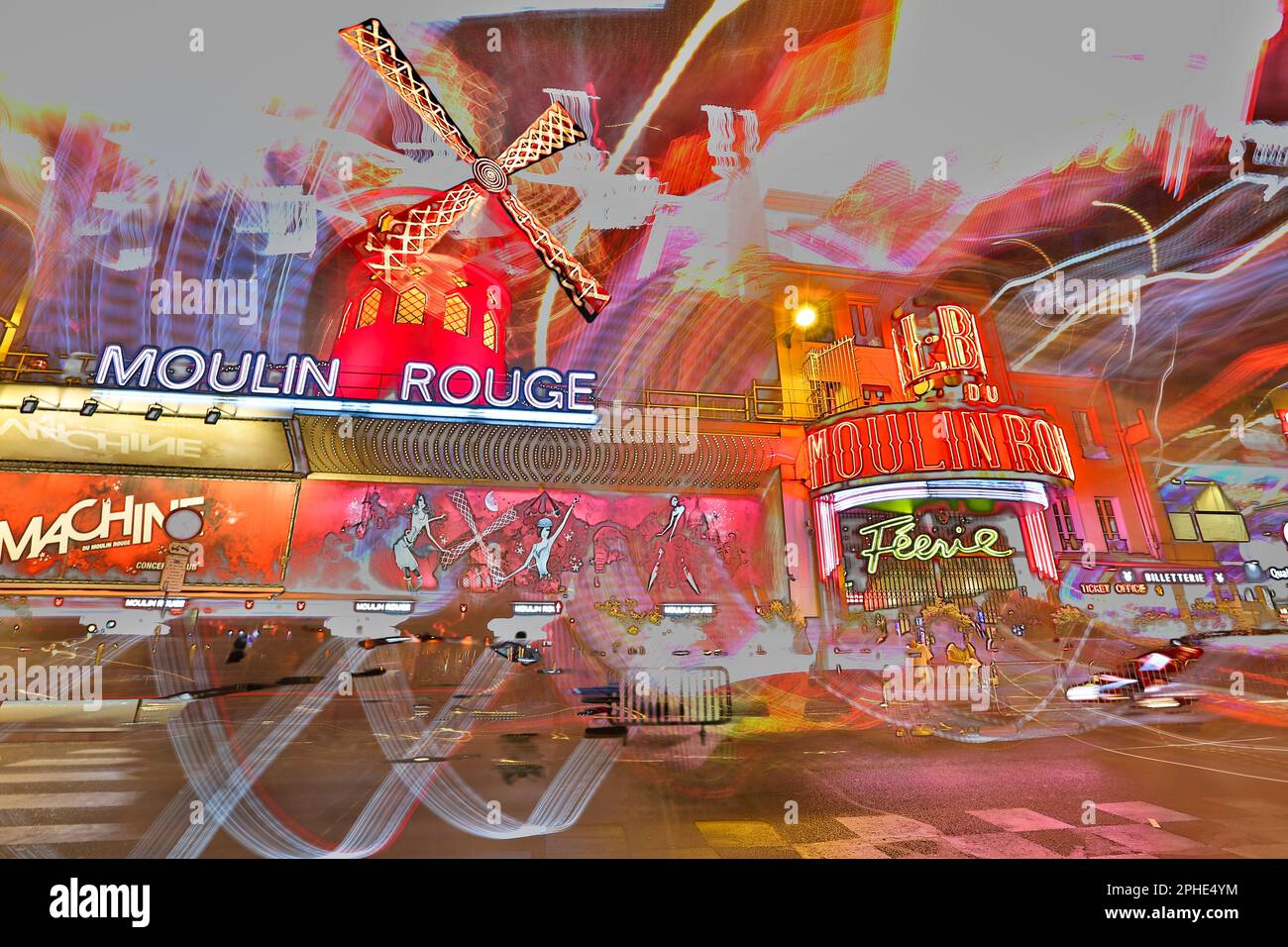 Illustrationsbild des Moulin Rouge, legendäres historisches Pariser Kabarett in Pigalle, Montmartre, Paris, Frankreich, Repräsentationsbild Stockfoto
