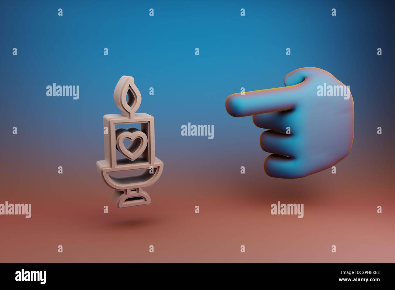 Schöne Illustrationen Abstrakter Zeigefinger zeigt auf Kerze mit Herzsymbol auf mehrfarbigem hellen Hintergrund. 3D-Rendering-Illustration Stockfoto
