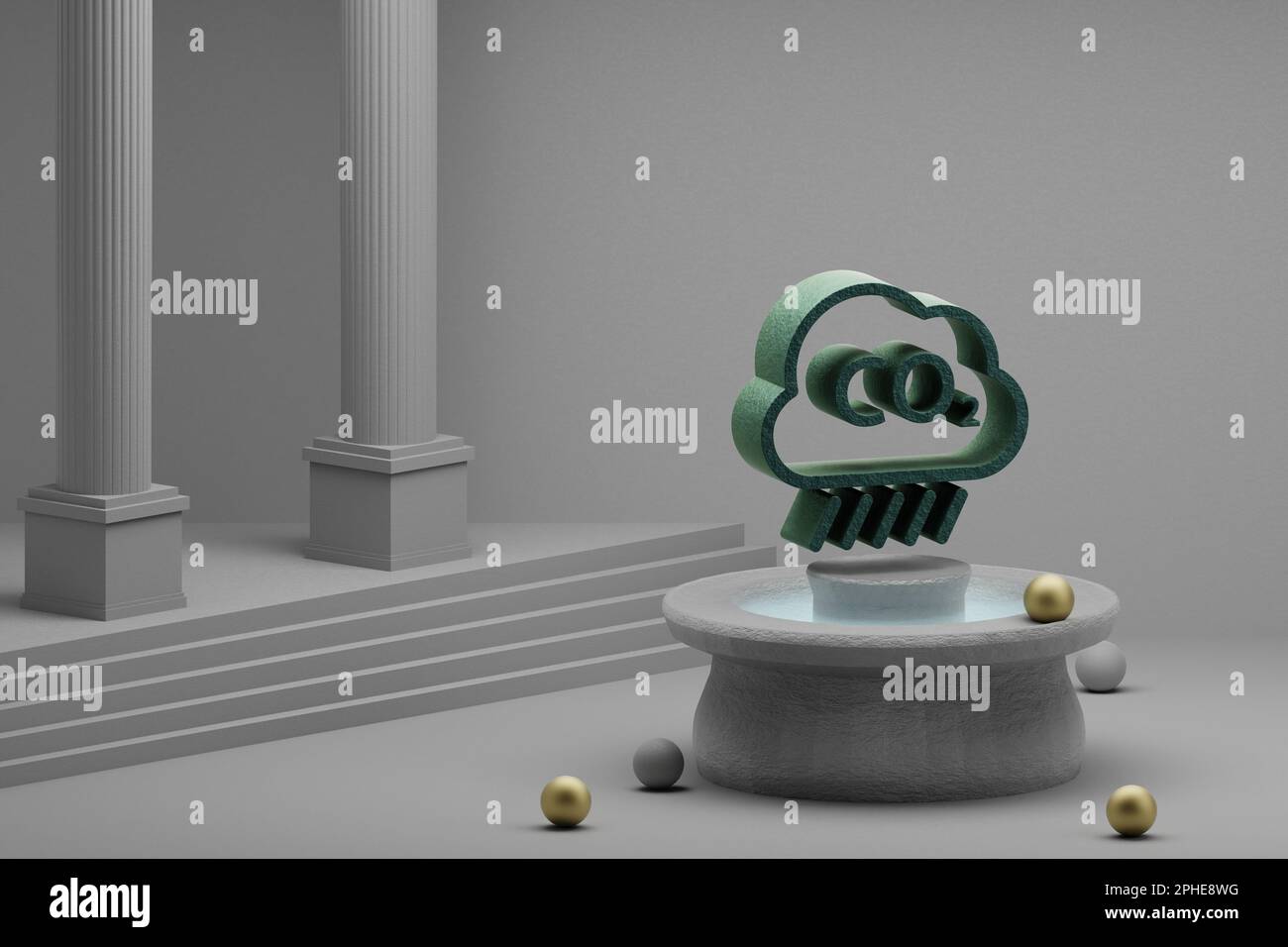 Wunderschöne abstrakte Illustrationen Wolkensymbol CO2 auf einem Brunnen- und Säulenhintergrund. 3D-Rendering-Abbildung. Save Ecological (Ökologisch Speichern). Stockfoto