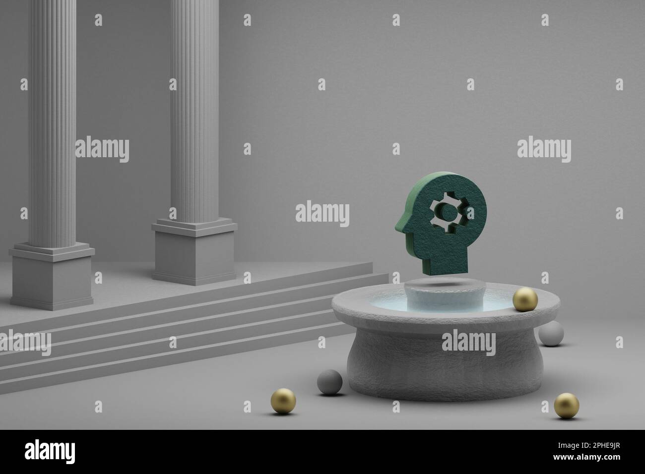 Wunderschöne abstrakte Illustrationen Grüne Psychologie Symbol Symbol auf einem Brunnen- und Säulenhintergrund. 3D-Rendering-Abbildung. Stockfoto