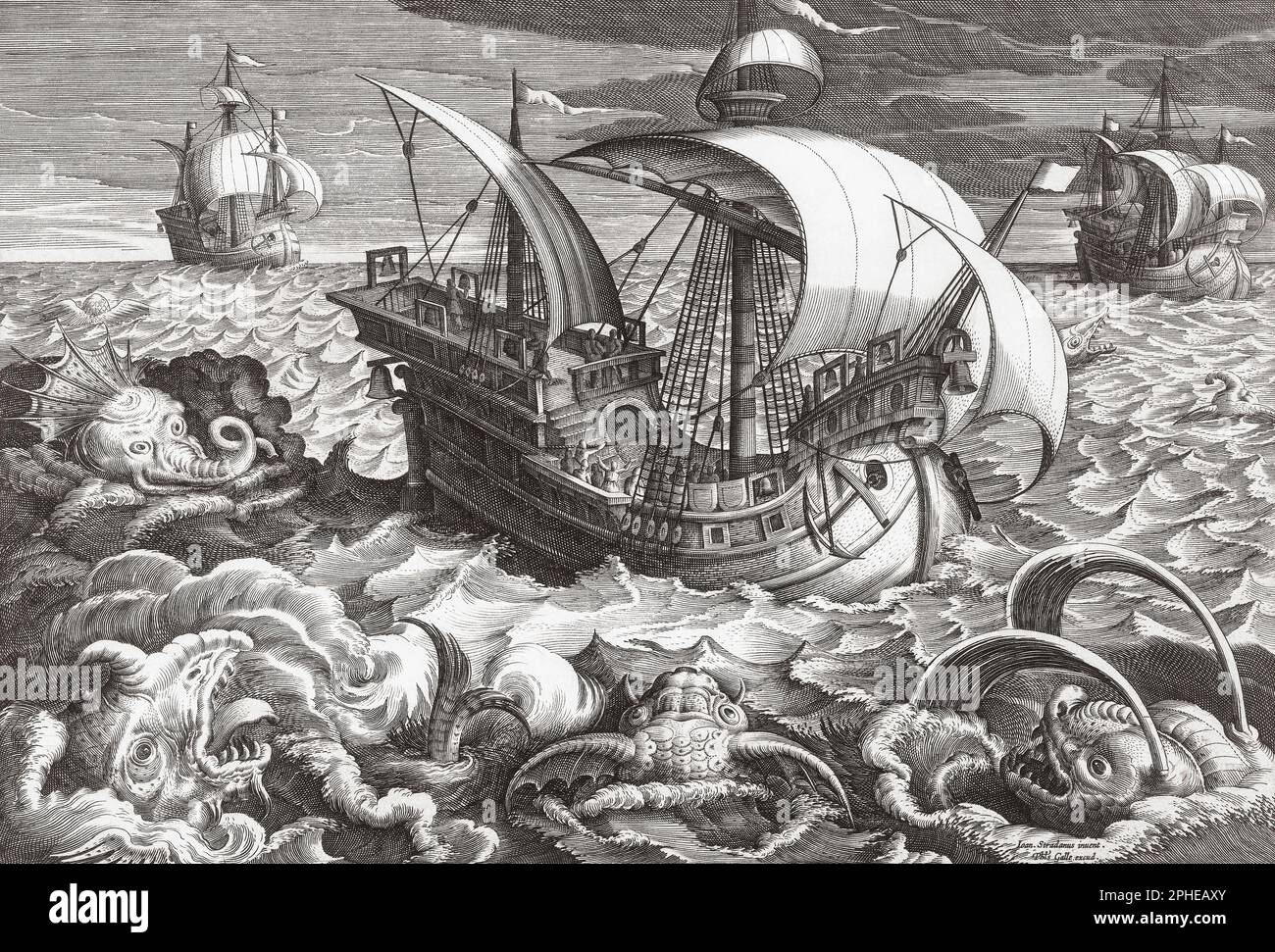 Seemonster umgeben ein Schiff auf offener See. Aus einer Gravur aus dem 16. Jahrhundert von Adriaen Collaert. Stockfoto
