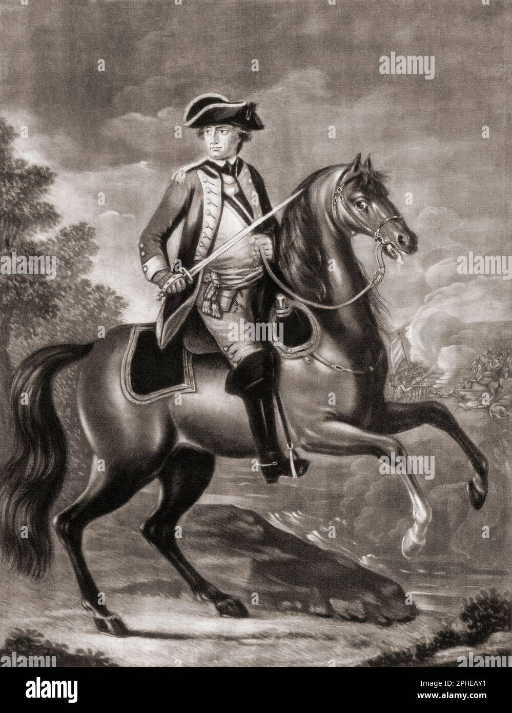 George Washington, 1732-1799. Pferdeporträt. Erster Präsident der Vereinigten Staaten von Amerika. Mezzotint nach einem Gemälde eines unbekannten Künstlers. Stockfoto