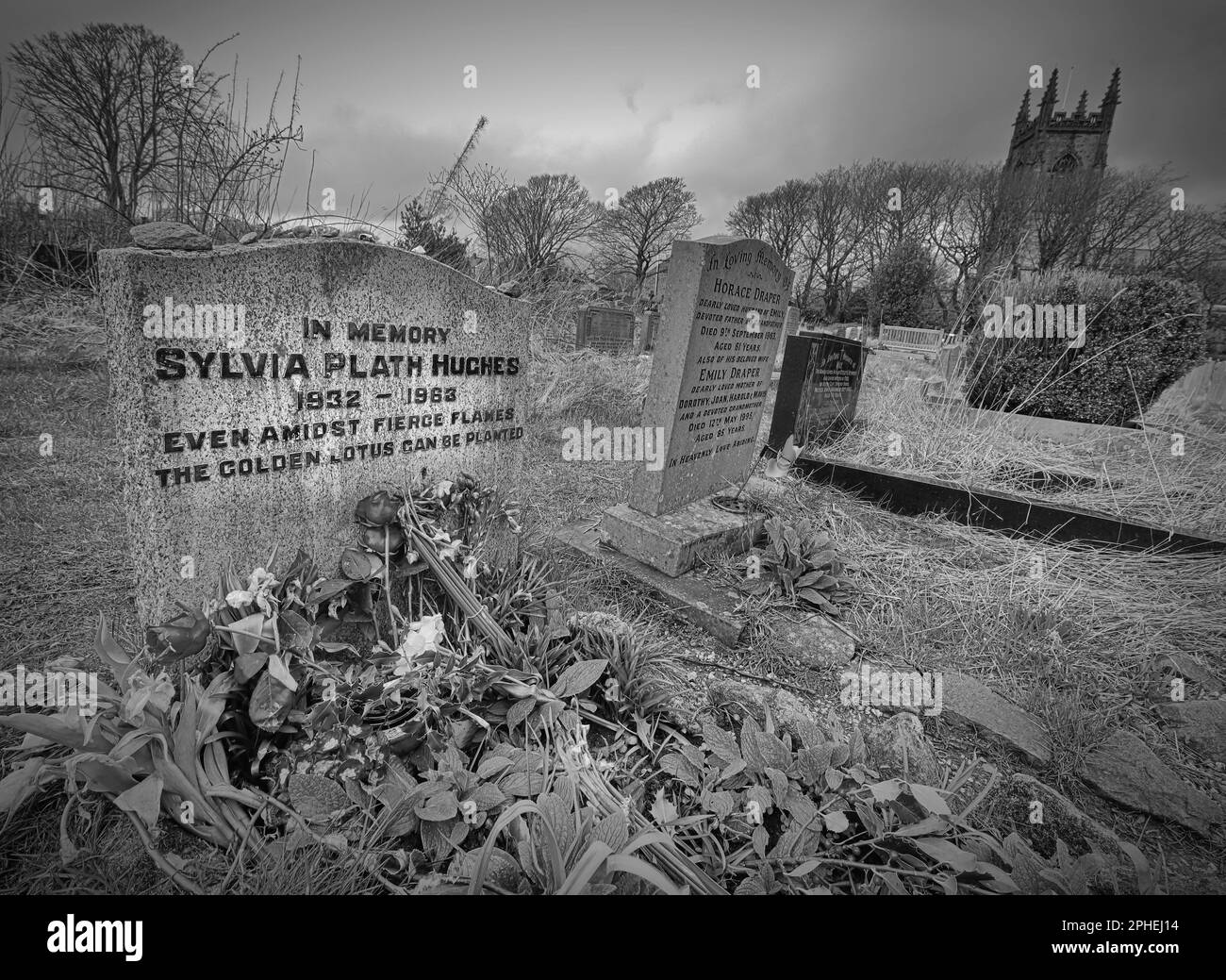 BW letzte Ruhestätte von Sylvia Plath Hughes, 1932-1963, Grabstein in Erinnerung an den US-Dichter, selbst inmitten wilder Flammen, kann der goldene Lotus gepflanzt werden Stockfoto