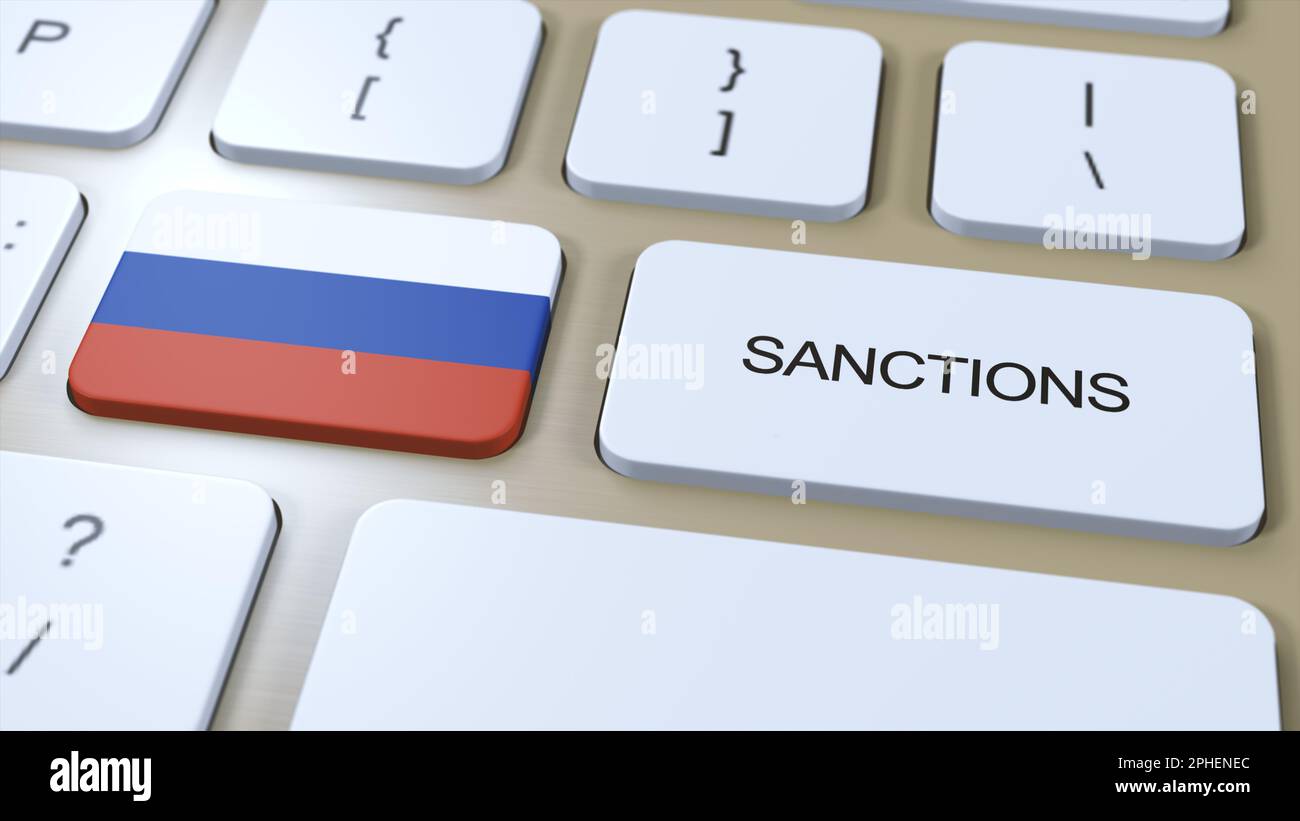 Russland Verhängt Sanktionen Gegen Einige Länder. Gegen Russland verhängte Sanktionen. Tastaturtaste Drücken. Politische Illustration 3D Illustration. Stockfoto