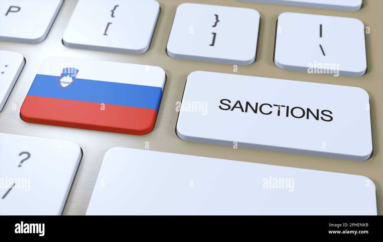 Slowenien Verhängt Sanktionen Gegen Einige Länder. Sanktionen gegen Slowenien. Tastaturtaste Drücken. Politische Illustration 3D Illustration. Stockfoto