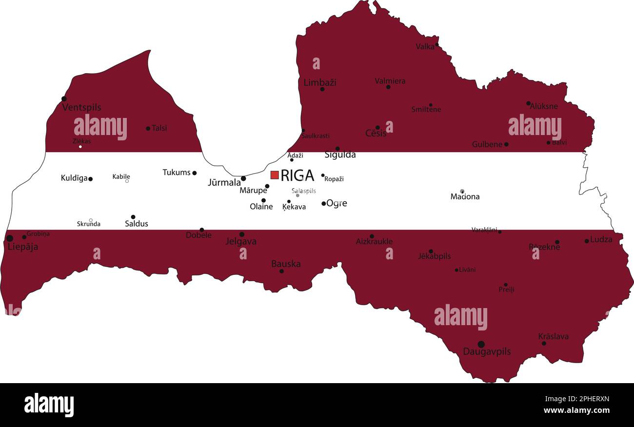 Lettland sehr detaillierte politische Karte mit isolierter nationaler Flagge auf weißem Hintergrund. Stock Vektor