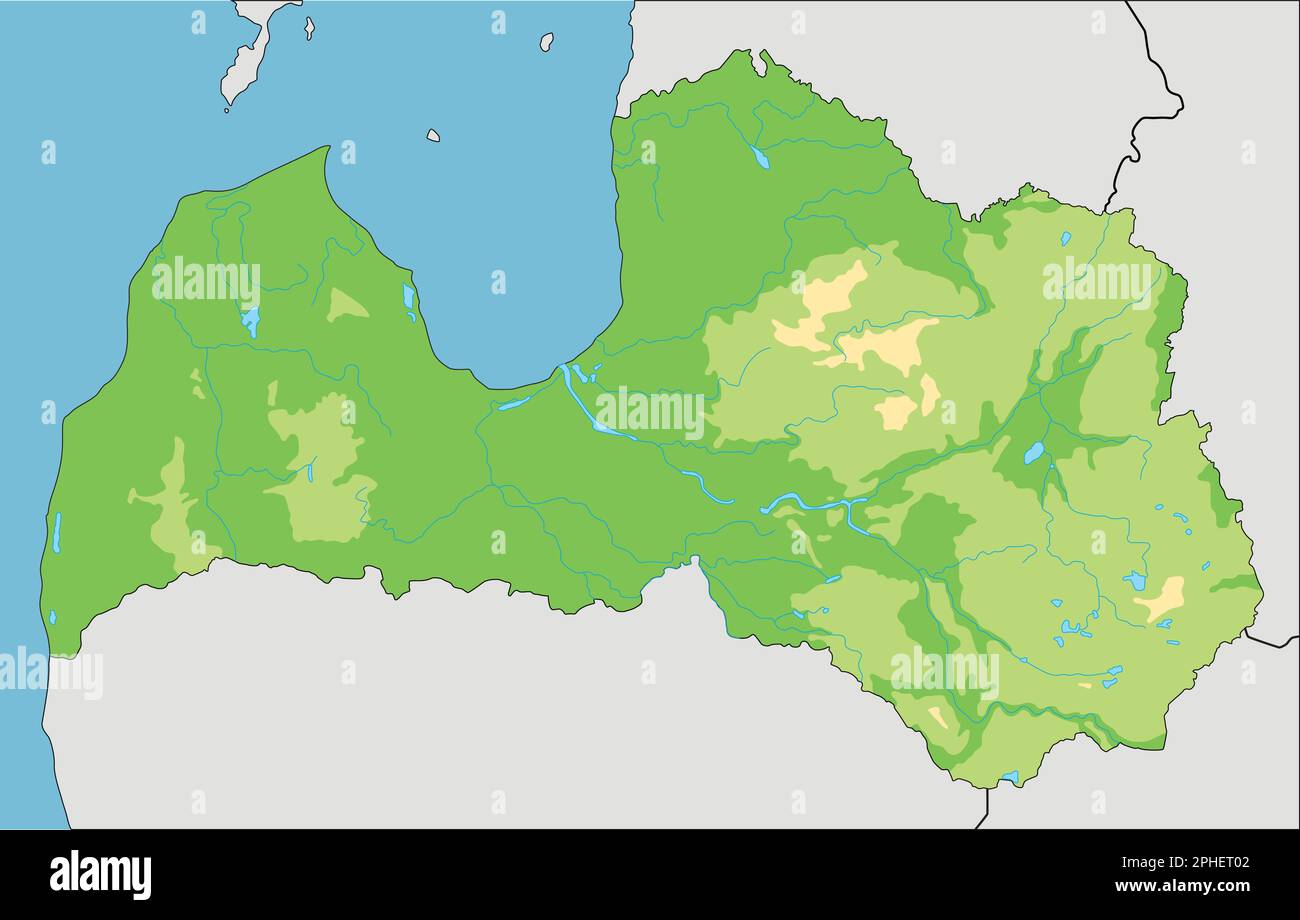 Sehr detaillierte physische Karte Lettlands mit Beschriftung. Stock Vektor