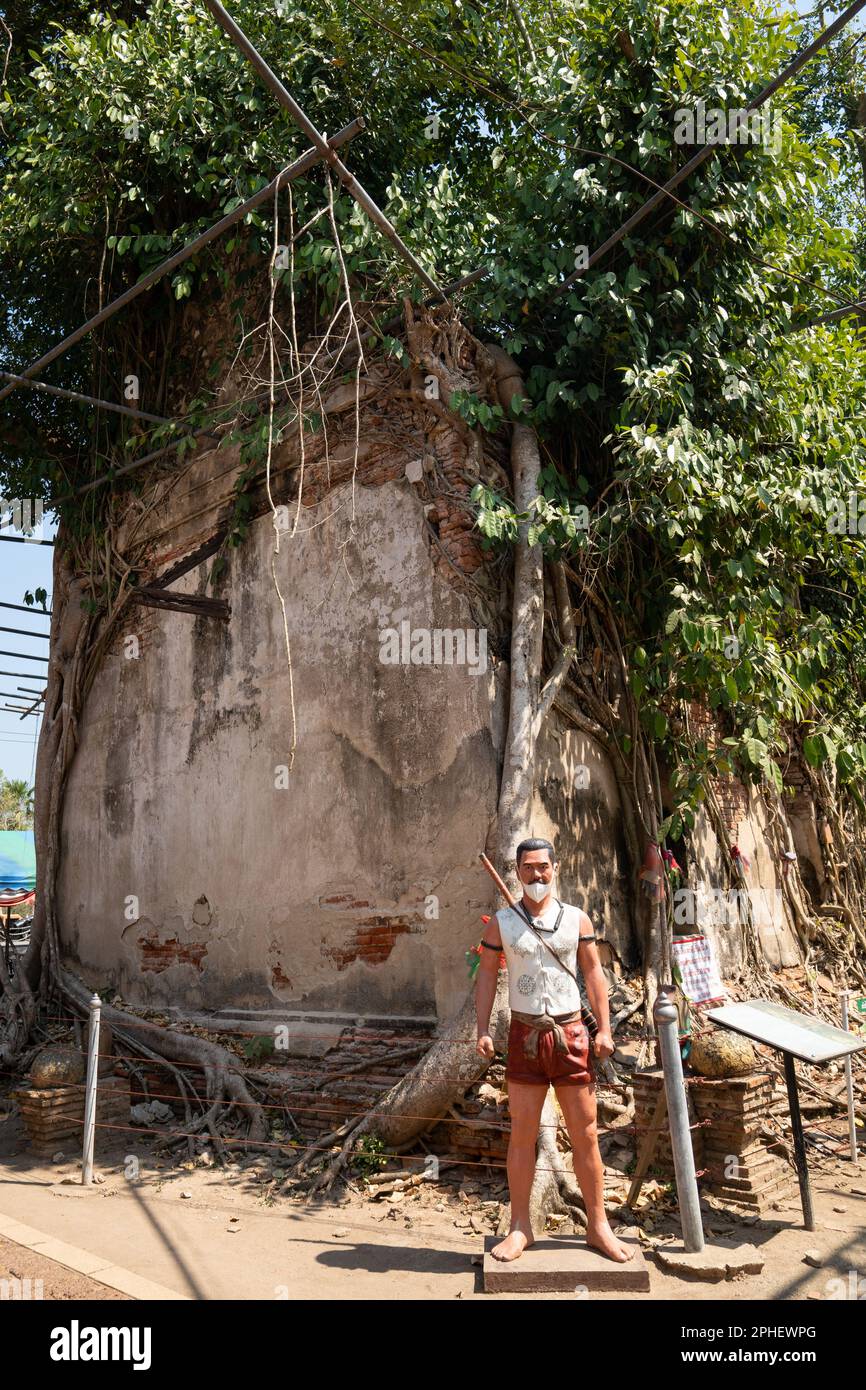 Bang Khung Wat Tempel, im Bang Kung Camp, Samut Songkram, Thailand. Bedeckt mit Pho-Baumzweigen und -Wurzeln. Stockfoto