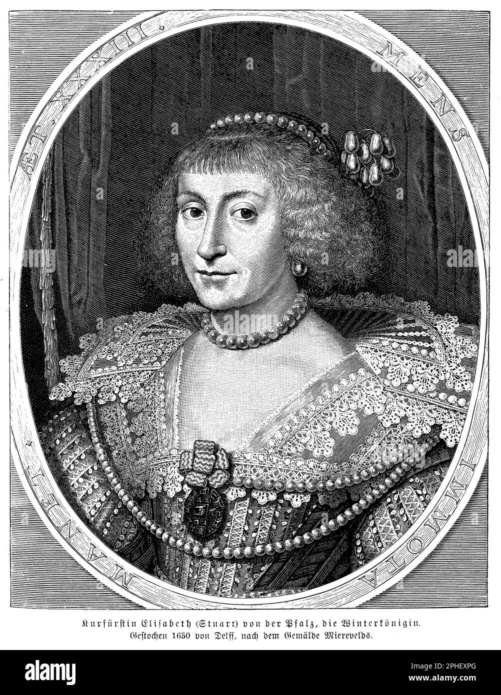 Elizabeth Stuart (1596-1662) war die Tochter von König James I. von England und die Ehefrau von Frederick V., dem Elector Palatin des Rheins. Als Winterkönigin von Böhmen spielte sie eine entscheidende Rolle bei der Böhmischen Revolte und war ein wichtiges Symbol des protestantischen Widerstands in den ersten Jahren des Dreißigjährigen Krieges. Nach der Niederlage und dem Exil ihres Mannes setzte sich Elizabeth weiterhin für seine Sache ein und versuchte, Unterstützung für die protestantische Sache in Europa zu gewinnen. Später lebte sie im Exil in den Niederlanden und in England, wo sie eine angesehene Figur am Stuart-Hof und einflussreiche Persönlichkeit wurde Stockfoto