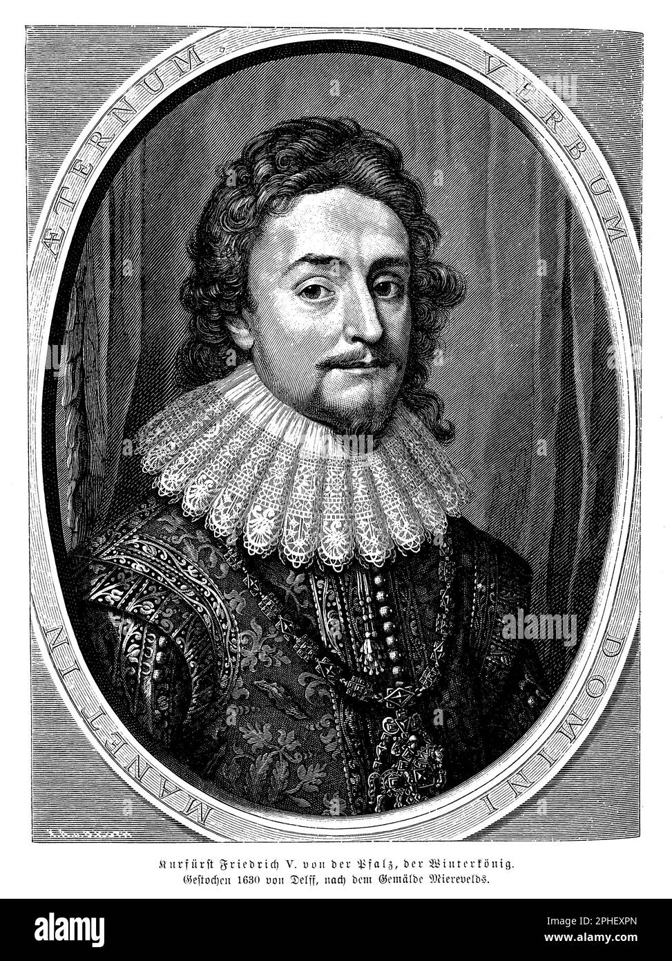 Frederick V (1596-1632), auch bekannt als Winterkönig, war der Elector Palatin des Rheins und kurz König von Böhmen in den ersten Jahren des Dreißigjährigen Krieges. Er war ein protestantischer Führer und spielte eine Schlüsselrolle bei der böhmischen Revolte, die mit der Verteidigung von Prag begann. Fredericks Herrschaft war geprägt von politischen und militärischen Rückschlägen, die in seiner Niederlage in der Schlacht am Weißen Berg im Jahr 1620 gipfelten, die zu seinem Exil und der Beschlagnahme seines Landes führte. Trotzdem blieb er ein Symbol des protestantischen Widerstands und sein Vermächtnis im Gedenken an seine Anhänger Stockfoto