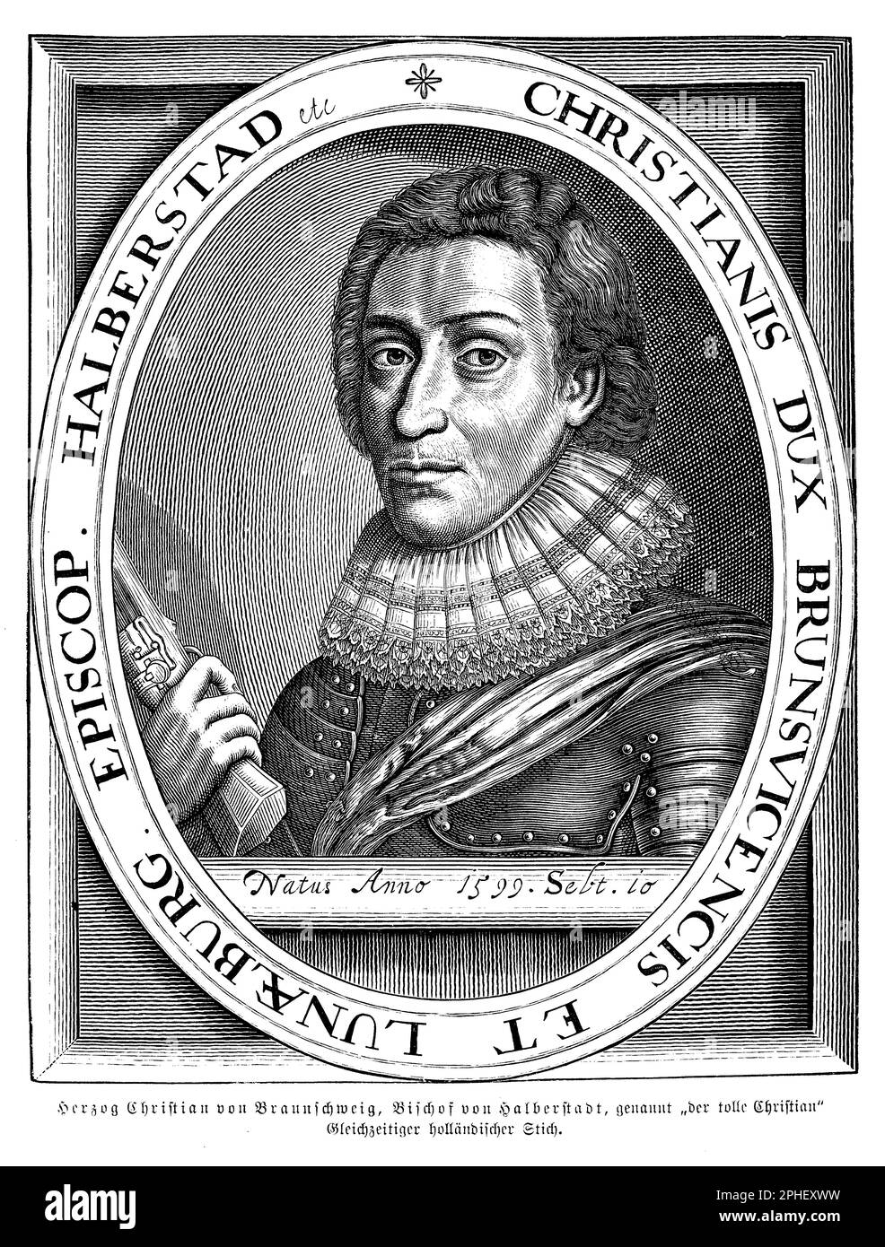 Herzog Christian (1599-1626), auch als Christian der Jüngere bekannt, war der Herzog von Brunswick-Lueneburg, ein Fürstentum in Norddeutschland, zu Beginn des Dreißigjährigen Krieges. Er war ein prominenter Militärführer und kämpfte auf protestantischer Seite gegen die katholischen Kräfte. Christian war bekannt für seinen Mut und strategischen Scharfsinn, aber er erlitt auch eine Reihe von Niederlagen im Kampf. Er starb 1626 in der Schlacht von Lutter. Christian war auch Schutzpatron der Künste und Wissenschaften, und sein Hof in Wolfenbüttel wurde zu einem Zentrum des humanistischen Lernens und der barocken Kultur Stockfoto