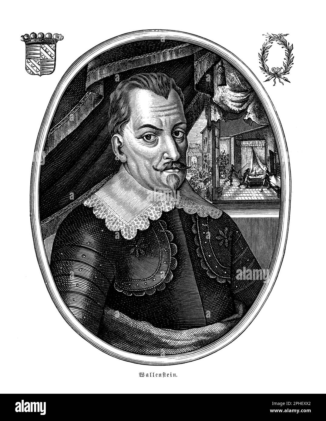 Albrecht von Wallenstein (1583-1634) war ein böhmischer Militärbefehlshaber, der während des Dreißigjährigen Krieges für die Habsburger kämpfte. Er war bekannt für seine strategische Brillanz und Rücksichtslosigkeit und spielte eine Schlüsselrolle in mehreren großen Schlachten, einschließlich der Schlacht von Luetzen. Doch Wallensteins wachsende Macht und Ambition führte schließlich zu seinem Untergang. 1634 wurde er von einer Gruppe von Offizieren ermordet, die dem Habsburger Kaiser Ferdinand II. Treu ergeben waren Die genauen Umstände von Wallensteins Ermordung bleiben unklar, und es wird immer noch diskutiert, ob Ferdinand den Mord angeordnet hat oder ob Stockfoto