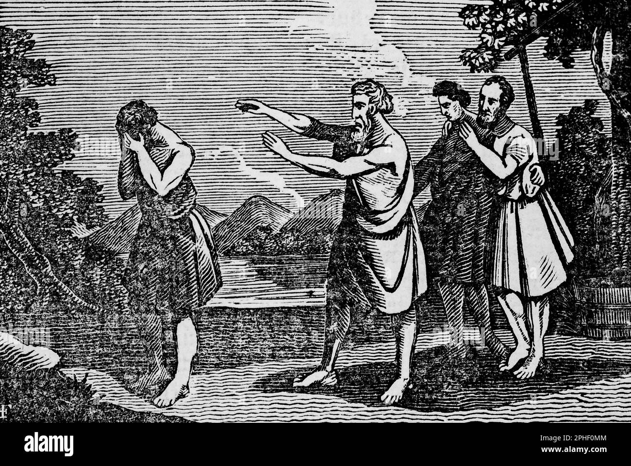 Noah verflucht seinen Sohn Ham wegen seines Fehlverhaltens, Chams Brüder Shem und Jafeth beobachten, historische bibel 1831, Illustration Stockfoto