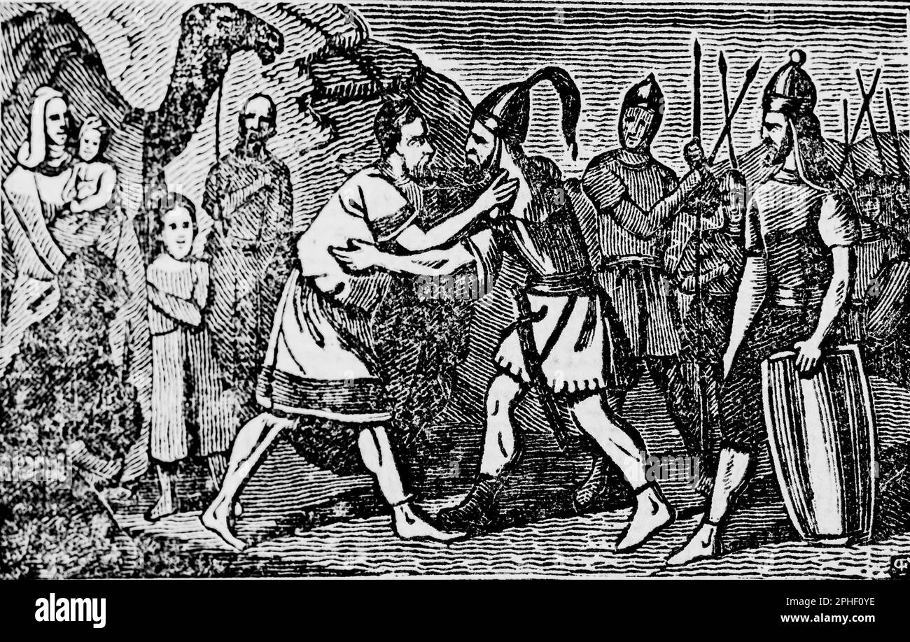 Jacob und Esau Reconcile, historische bibel 1831, Illustration Stockfoto