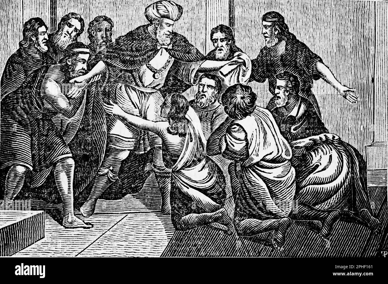 Joseph enthüllt sich seinen Brüdern, Genesis, Kapitel 37: Verse 1–11, historische bibel 1831, Illustration Stockfoto