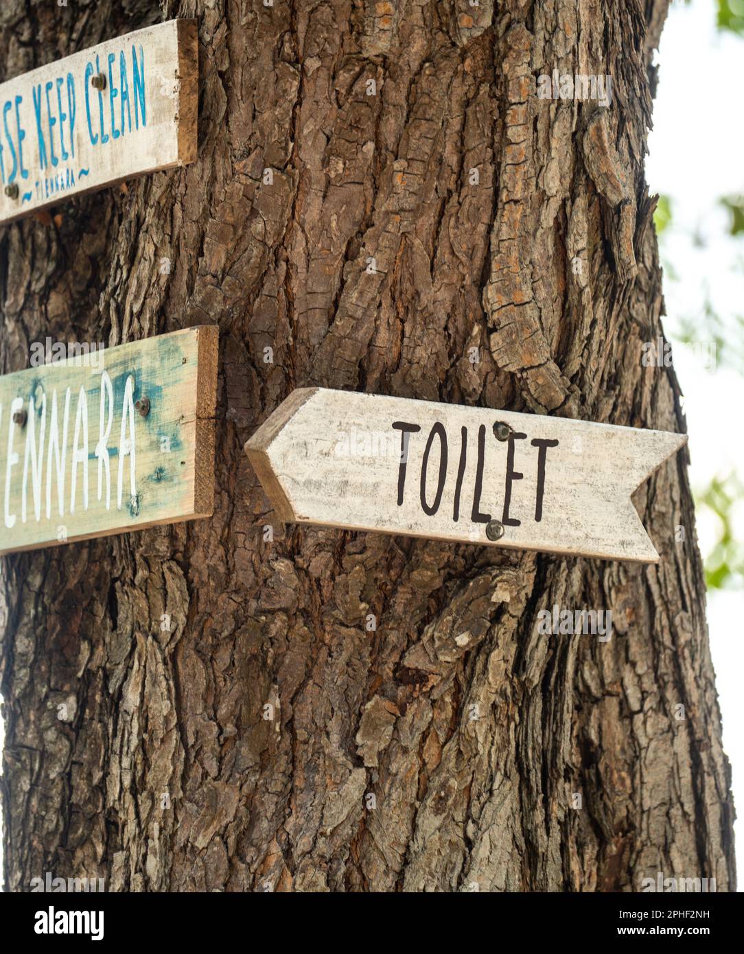 klo-Schild. Klassisches, einfaches Design handgemachtes Toilettenschild aus Holz gibt den Weg zu WC, Thailand. Schließen Stockfoto