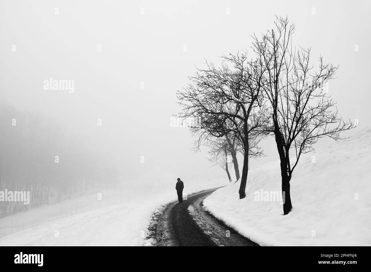 Eine Person, die auf einer schneebedeckten Straße unter Bäumen in der Nähe eines schneebedeckten Hügels läuft Stockfoto