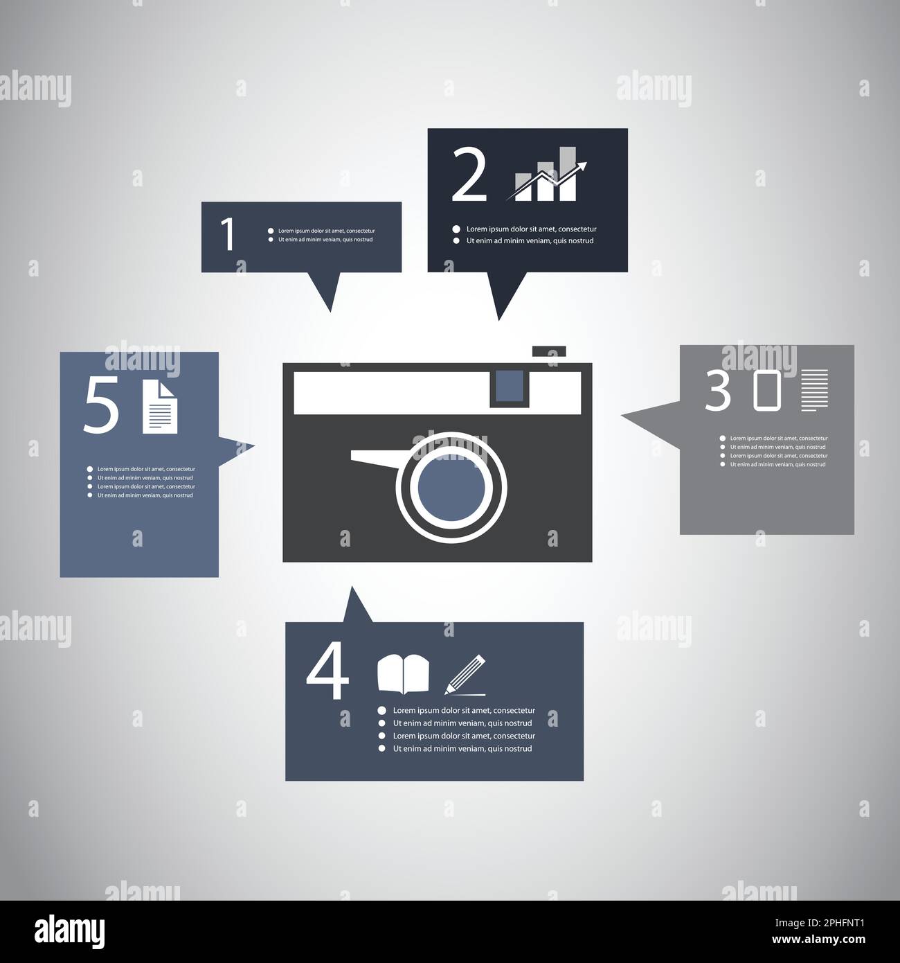 Infografik-Design – Retro-Kamera mit Sprechblasen Stock Vektor