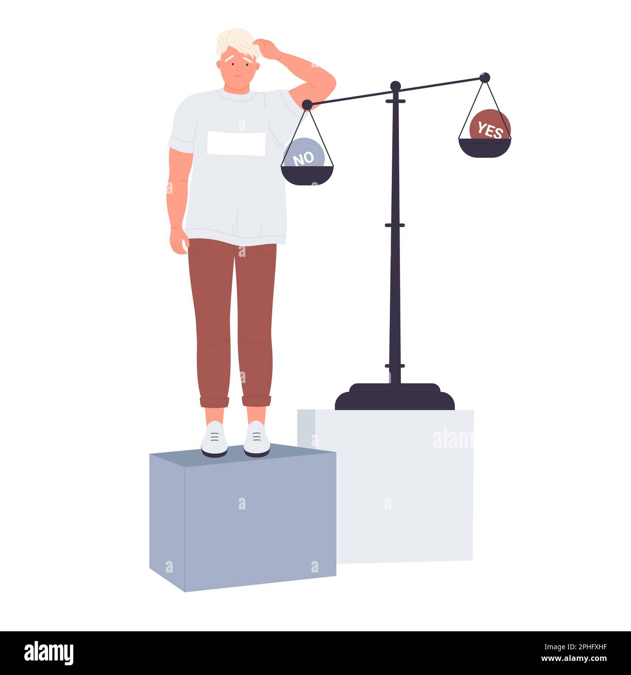 Verwirrte Person damit, eine Wahl zu treffen. Richtige Entscheidungsfindung, Psychologie hilft bei der Illustration Stock Vektor