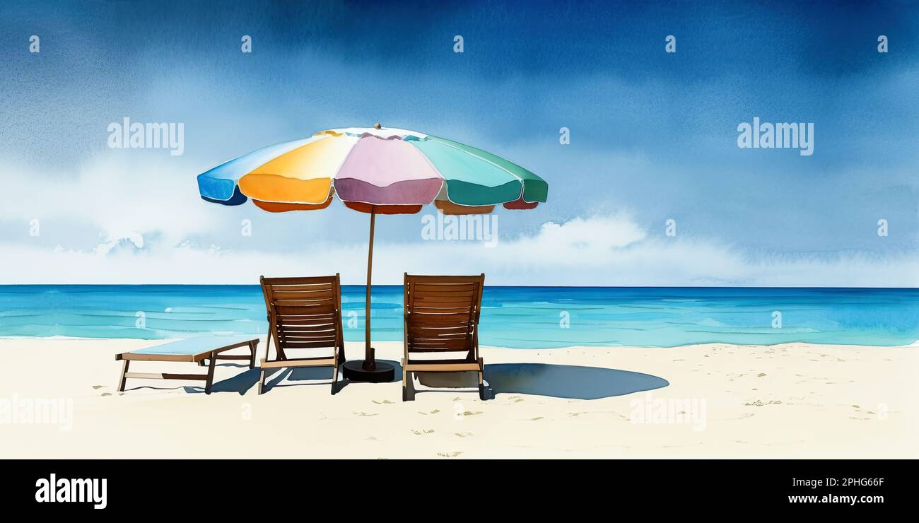 Wunderschönes Strandbanner. Tolle Strandlandschaft, Aquarelle. Weißer Sand, Stühle und Schirme Reisen Tourismus breites Panorama-Hintergrundkonzept Stockfoto