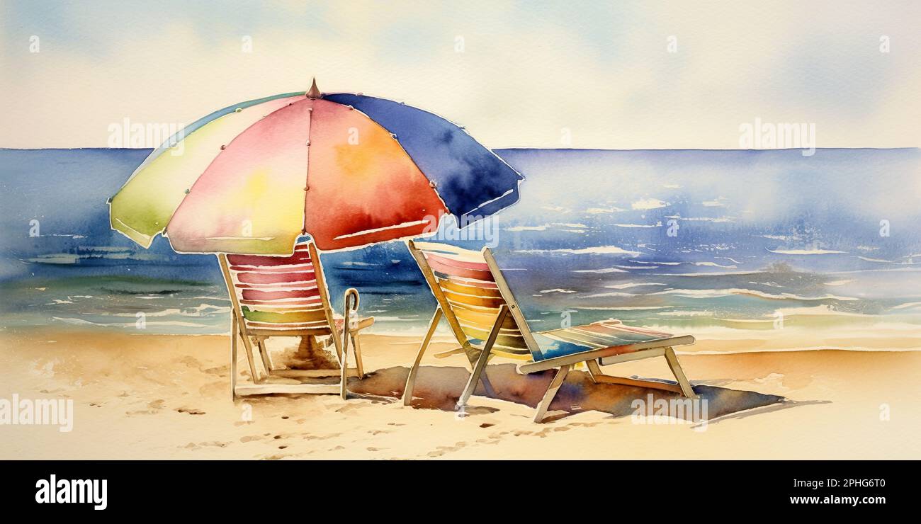Wunderschönes Strandbanner. Tolle Strandlandschaft, Aquarelle. Weißer Sand, Stühle und Schirme Reisen Tourismus breites Panorama-Hintergrundkonzept Stockfoto