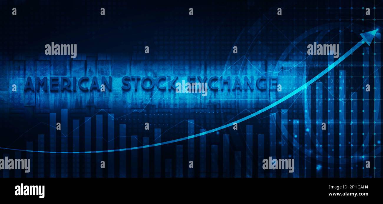 Konzept der amerikanischen Börse AMEX mit abstraktem Finanzdiagramm mit aufsteigendem Liniendiagramm-Pfeil auf blauem Hintergrund. Stockfoto