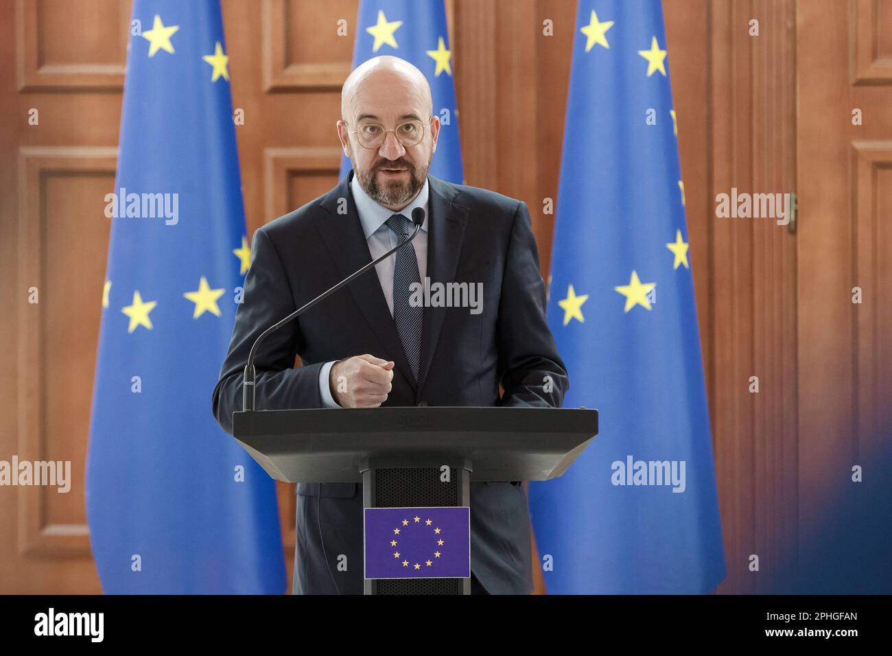 Chisinau, Moldau - 28. März 2023: Pressekonferenz von Maia Sandu und Charles Michel in Chisinau Stockfoto