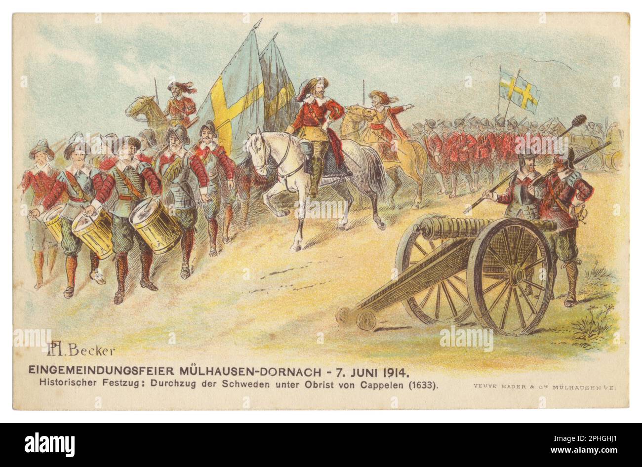 Deutsche historische Postkarte: Prozession der schwedischen Armee unter Obrist von Capellen, Wiederaufbau der Ereignisse des Dreißigjährigen Krieges 1633 Stockfoto