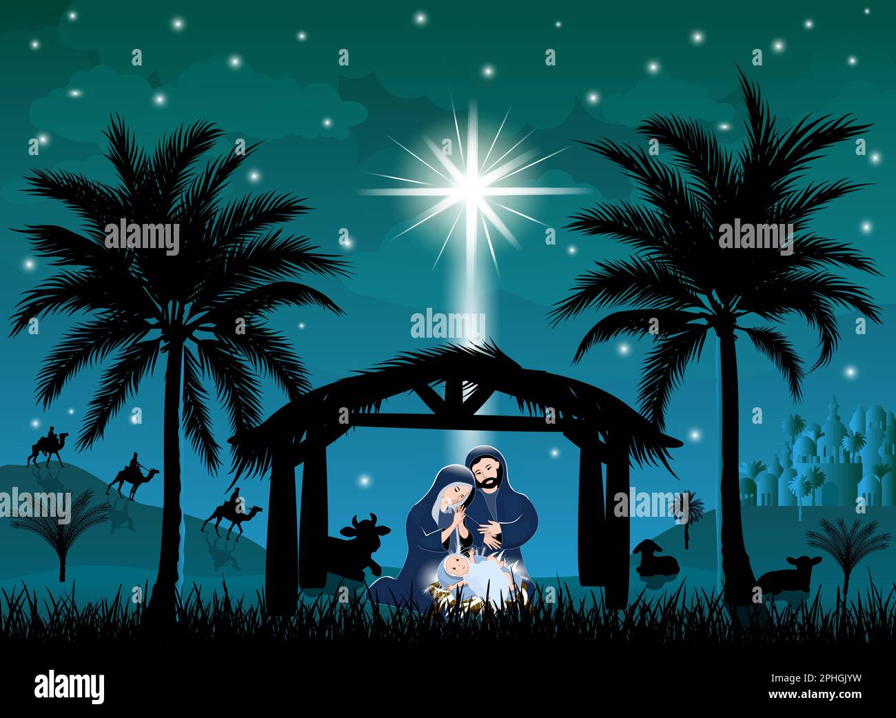 Szene der Geburt Jesu Christi. Weihnachten. Die Jungfrau Maria und Joseph beugten sich mit dem Baby über die Krippe. Weihnachtsabend. Der Weihnachtsstern Stock Vektor