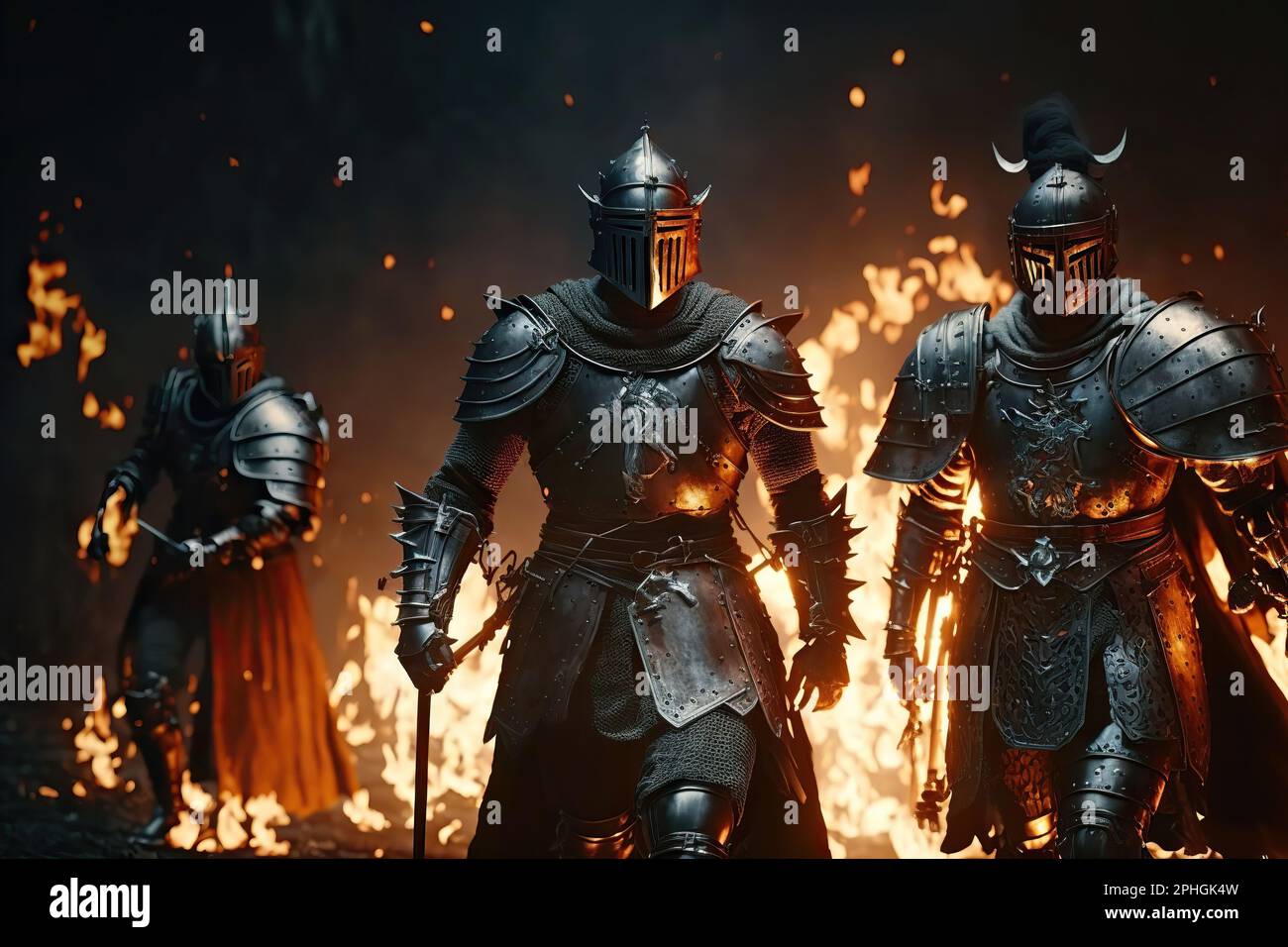 Ritter auf dem Schlachtfeld nach dem Sieg. Alles brennt. Ritter sind