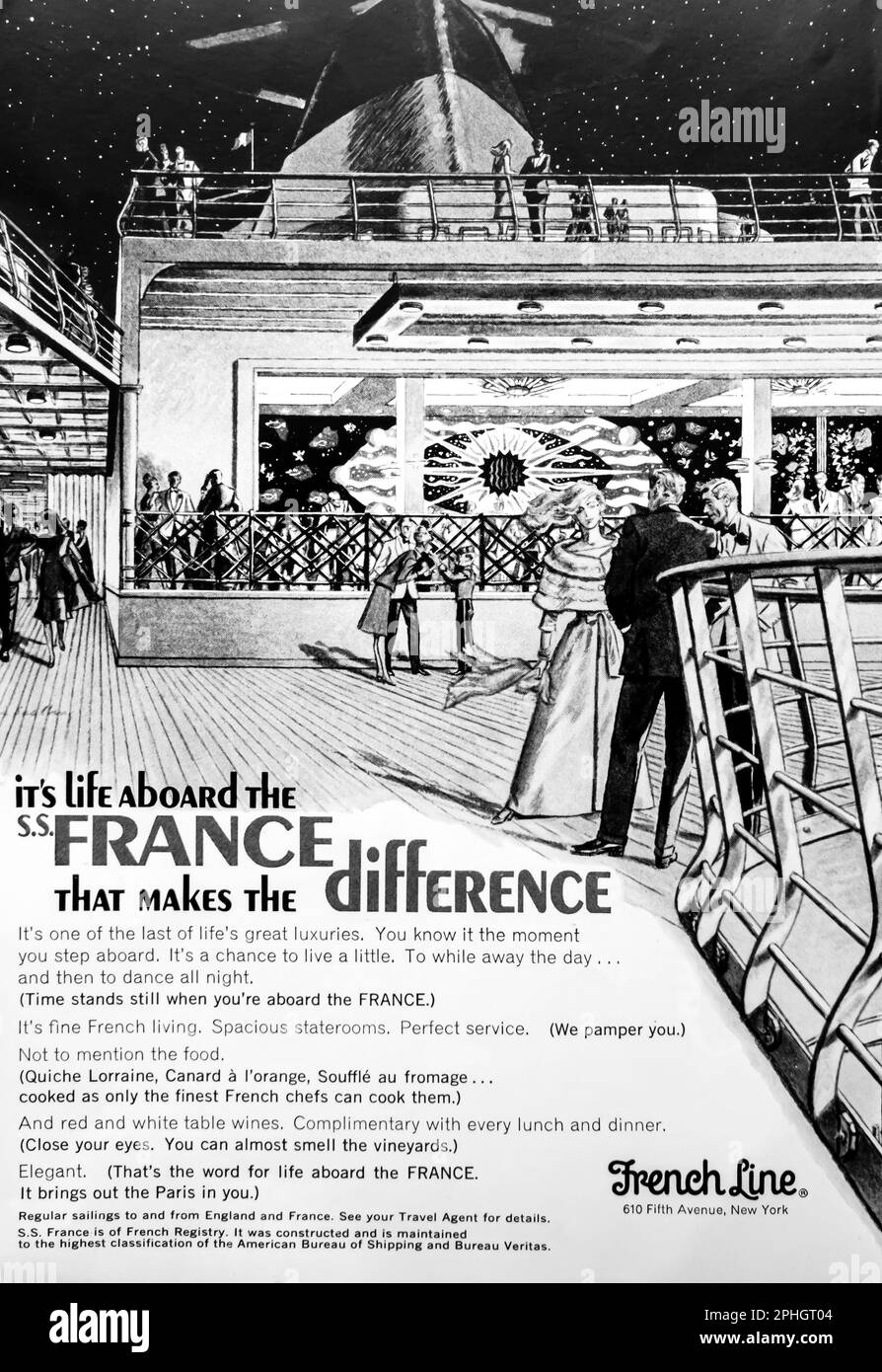 Kreuzfahrtwerbung auf French Line in einer Zeitschrift in NatGeo, März 1966 Stockfoto