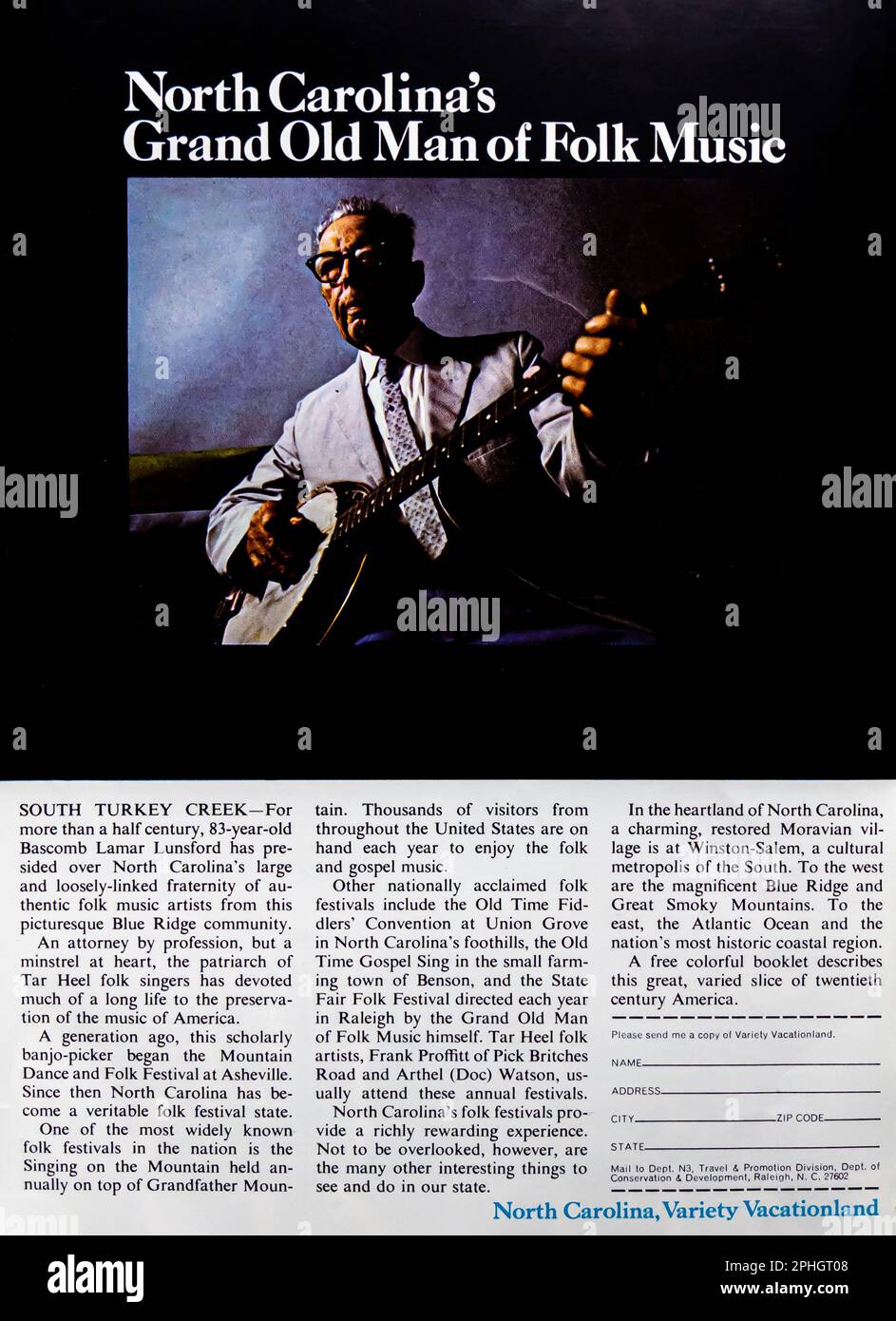 Reisewerbung in North Carolina in einer Zeitschrift in NatGeo, März 1966 Stockfoto