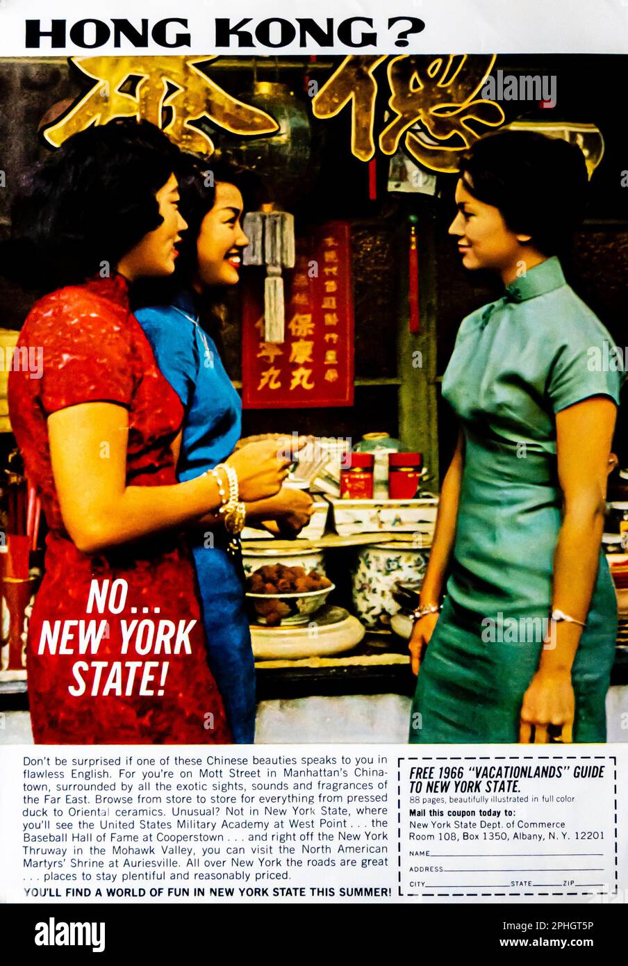 Werbung für Reiseziele im Bundesstaat New York in einer Zeitschrift in NatGeo, April 1966 Stockfoto