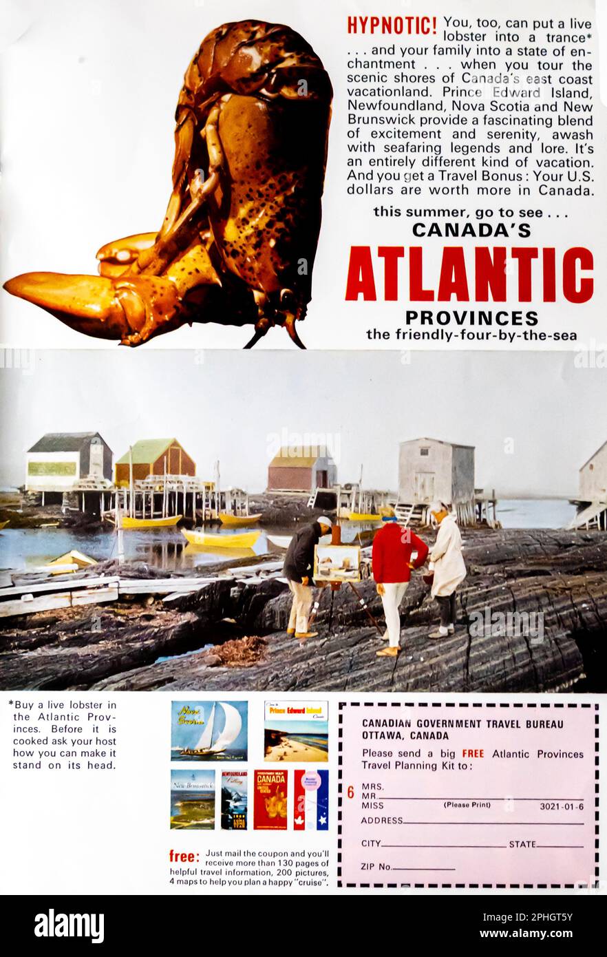 Reisewerbung der kanadischen atlantischen Provinzen in einer Zeitschrift NatGeo, April 1966 Stockfoto