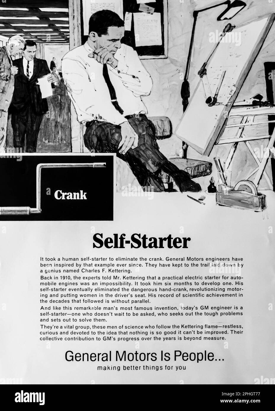 General Motors is People – Charles F. Kettering Crank Invention Werbespot in einem Magazin in NatGeo, April 1966 Stockfoto