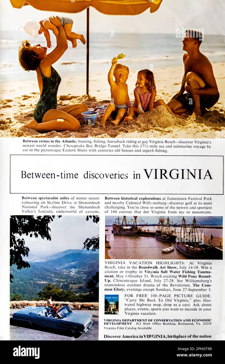 Reisewerbung für Virginia in einer Zeitschrift in NatGeo, April 1966 Stockfoto