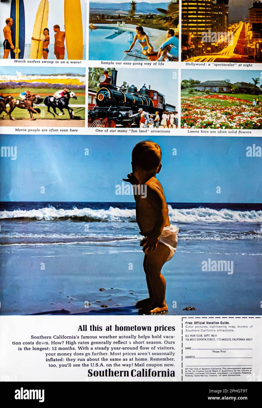 Tourismuswerbung für Urlaub in Südkalifornien in einer Zeitschrift in NatGeo, April 1966 Stockfoto