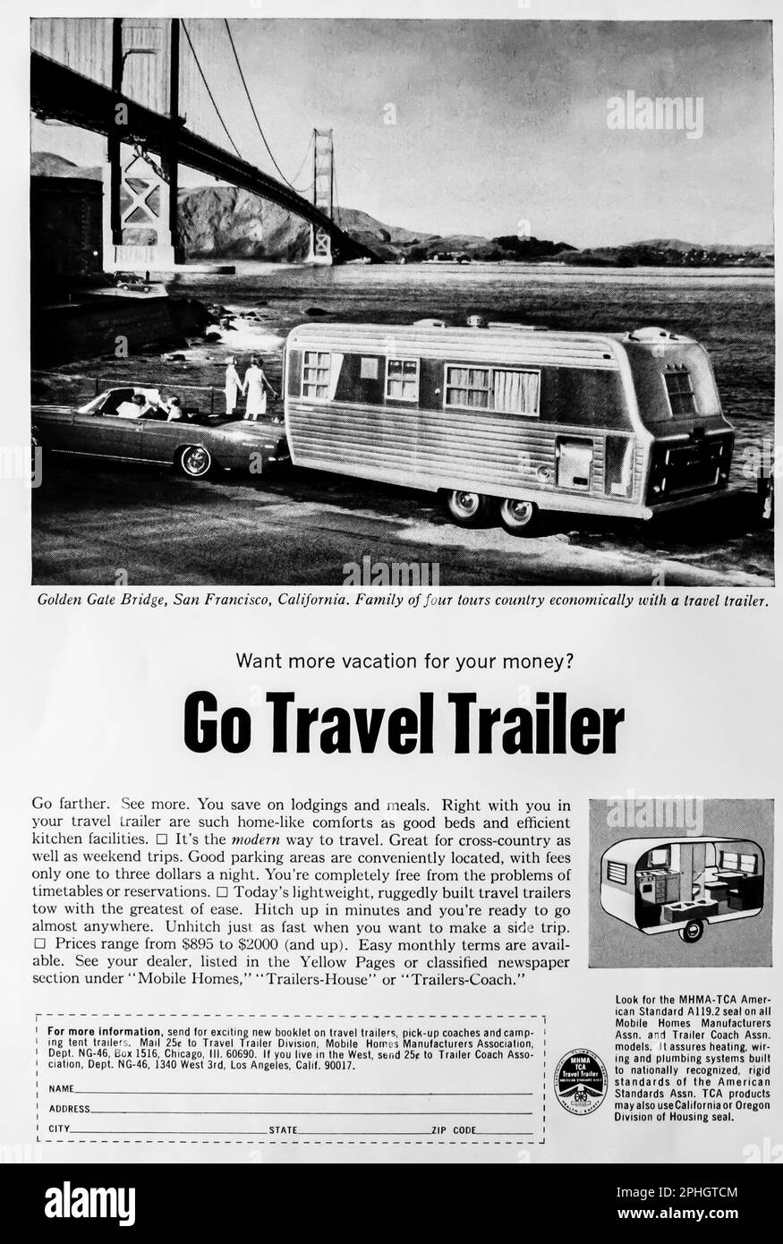 MHMA TCA Travel Trailer Mobile Homes Werbespot in einem Magazin in NatGeo, April 1966 Stockfoto