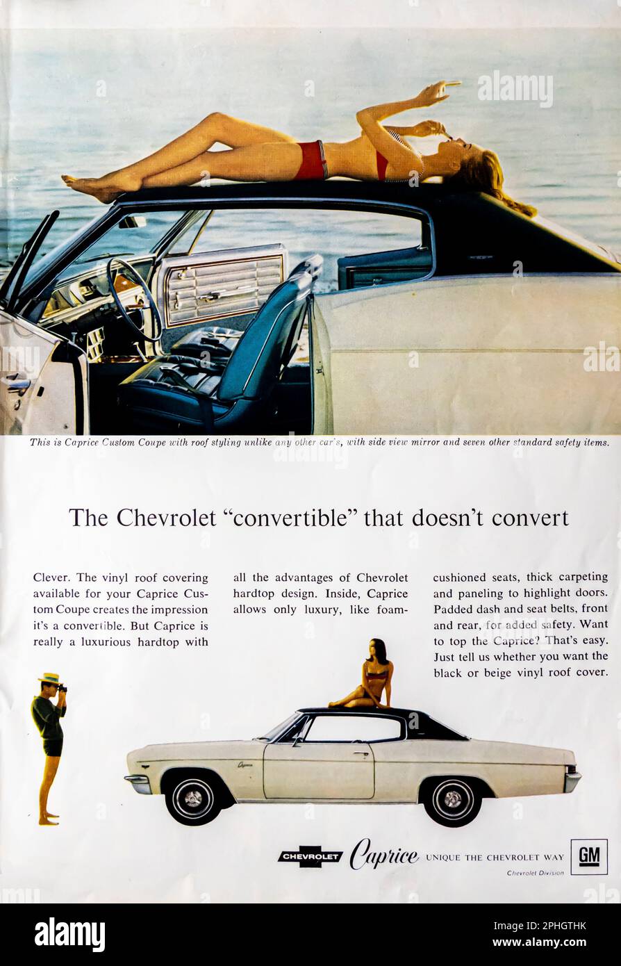 Werbung für Chevrolet Caprice Coupe in einer Zeitschrift NatGeo Juni 1966 Stockfoto