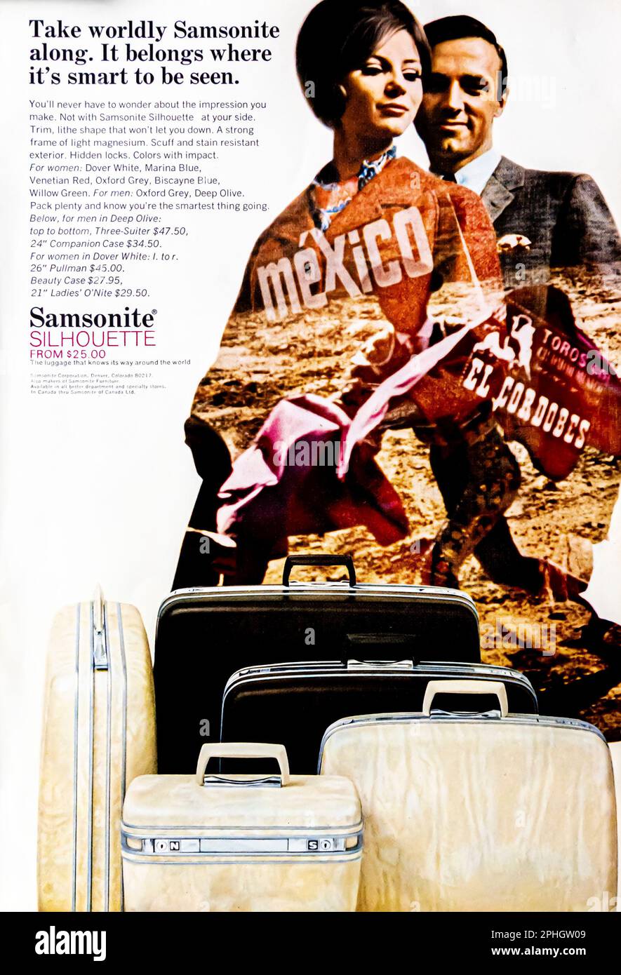 Samsonite-Werbung in einer Zeitschrift NatGeo, Januar 1966 Stockfoto