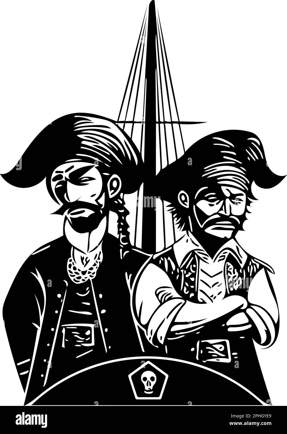 Zwei Piraten auf ihrem Piratenschiff als Vektor. Gliederung als Vorlage oder Symbol. Stock Vektor