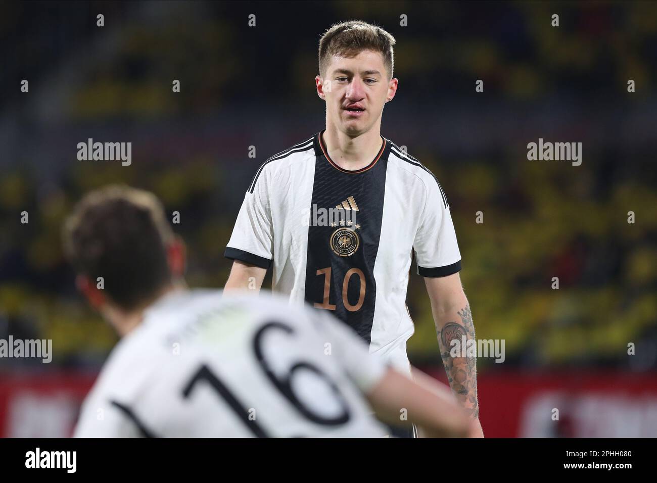 Sibiu, Rumänien. 28. März 2023. Fußball, U21 Männer: Internationale Spiele, Rumänien - Deutschland im städtischen Stadion in Sibiu. Angelo Stiller aus Deutschland. Kredit: Constantin Stefan/dpa/Alamy Live News Stockfoto