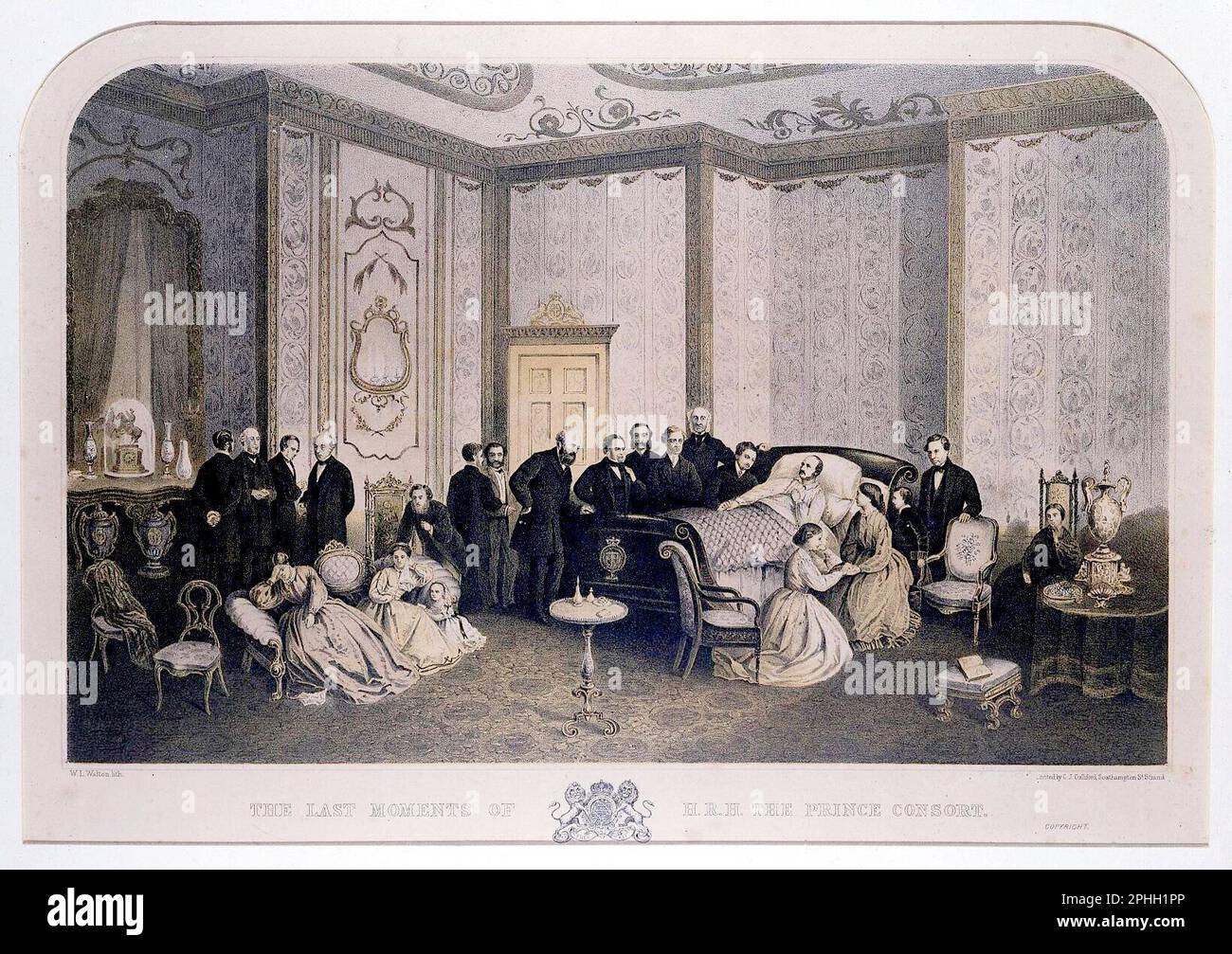 Albert Prinz Consort auf seinem Sterbebett in Windsor Castle mit der königlichen Familie am Bett, 14. Dezember 1861, Vintage-Lithographie von 1865 Stockfoto