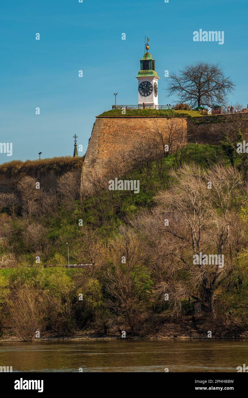 Novi Sad, Serbien - 24. März 2023: Der weiße Uhrenturm, eines der bedeutendsten Wahrzeichen und Symbole der Festung Petrovaradin und Novi Sad Stockfoto