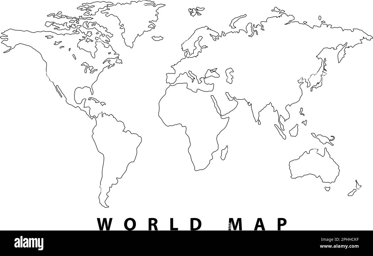 Weltkarte, handgezeichnete, einfach stilisierte Silhouette mit minimaler Linie, dünne Kontur, Formvektordarstellung Stock Vektor