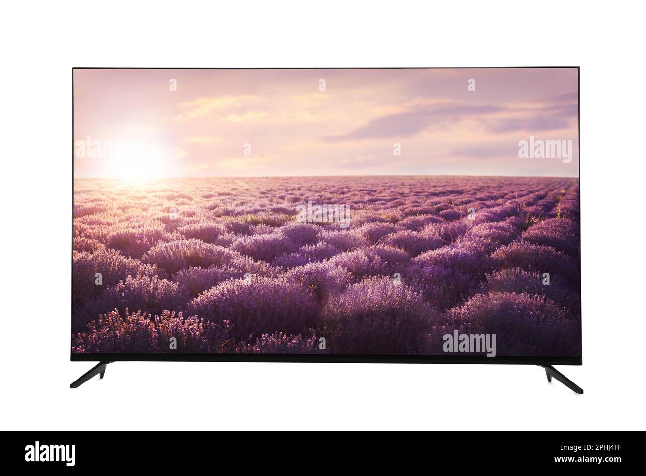 Moderner Breitbild-TV-Monitor mit wunderschönem Lavendelfeld bei Sonnenaufgang isoliert auf Weiß Stockfoto